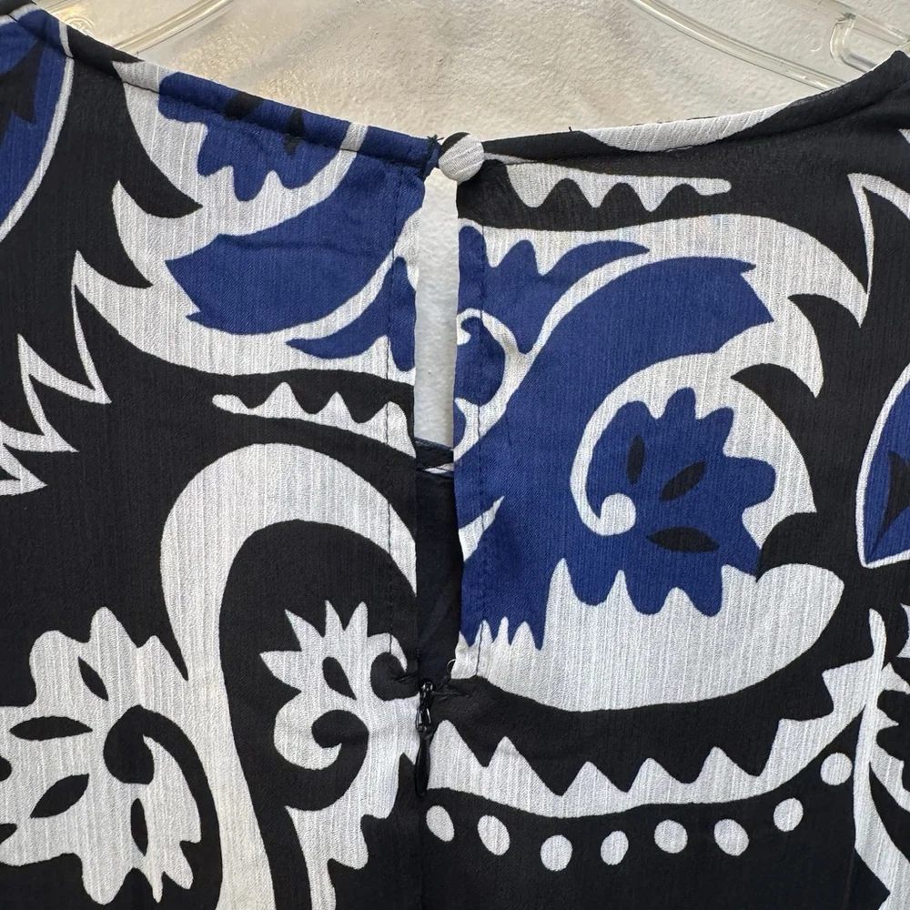 Loft Paisley Shirred Flounce Long Sleeve Midi Dress Tiered Blue White Size 8